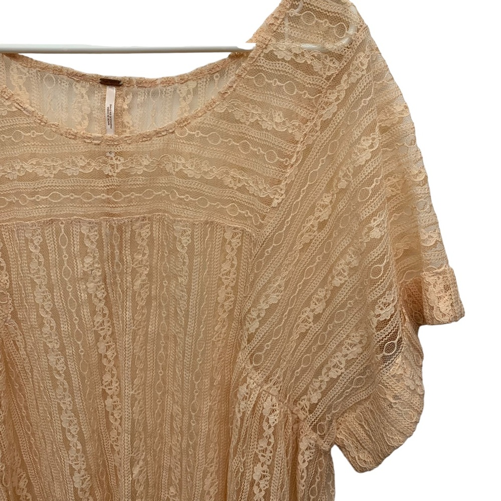 Free People Sheer Lace Boho Blouse Peach Boxy Top Large Romantic Festival - Picture 4 of 13